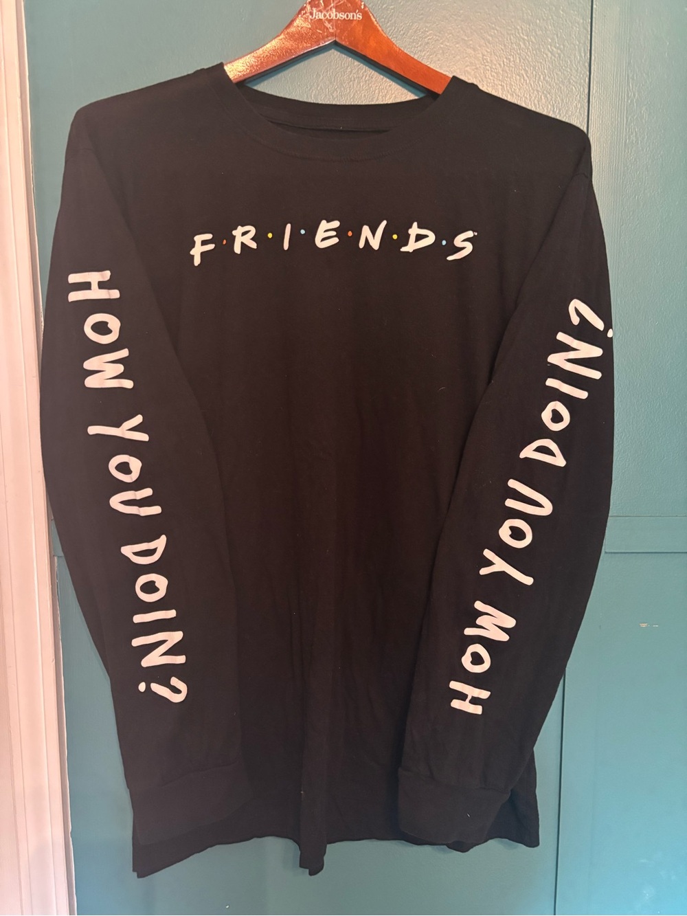 FRIENDS Black Long Sleeve Tee with "How You Doin?" Sleeve Text 100% Cotton 2X